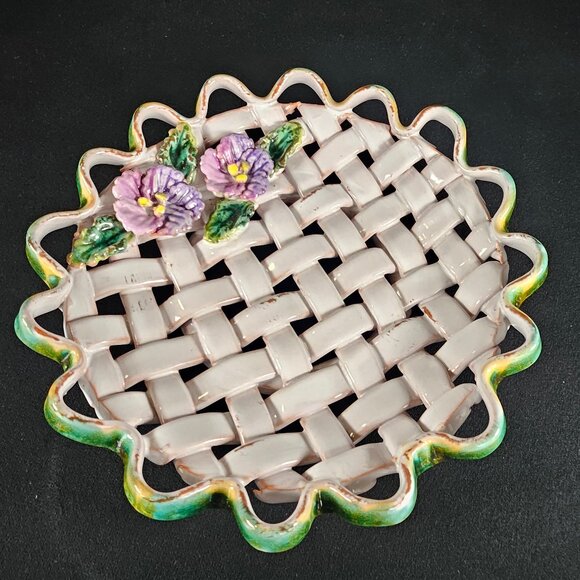 Vintage Italy Majolica Handcrafted Open Weave Ceramic Shallow Bowl Purple Floral - Picture 4 of 12